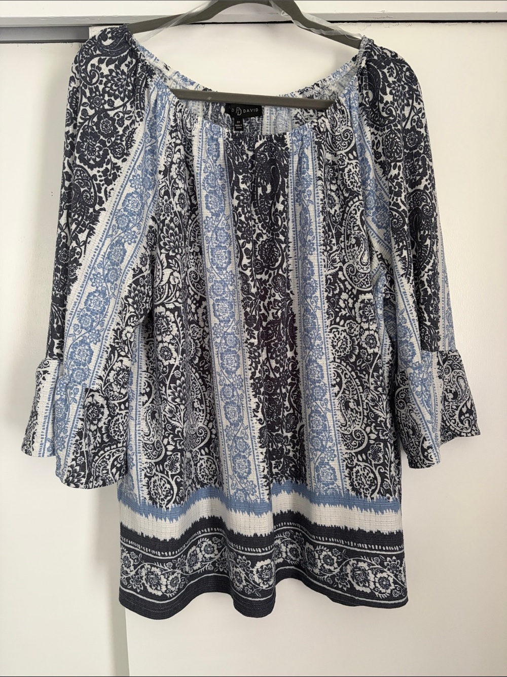 Fred David Blue and White Printed Peasant Blouse 🏡